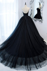 Little Black Dress, Black Strapless Tulle Long A-Line Prom Dress, Black Formal Evening Gown