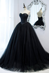 Party Dress Long Sleeve Mini, Black Strapless Tulle Long A-Line Prom Dress, Black Formal Evening Gown