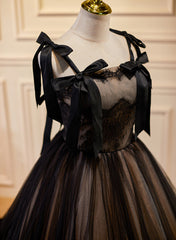 Party Dresses 2028, Black Straps Tulle with Lace Long Formal Dress, Black A-line Prom Dress