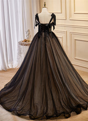 Party Dress Quick, Black Straps Tulle with Lace Long Formal Dress, Black A-line Prom Dress