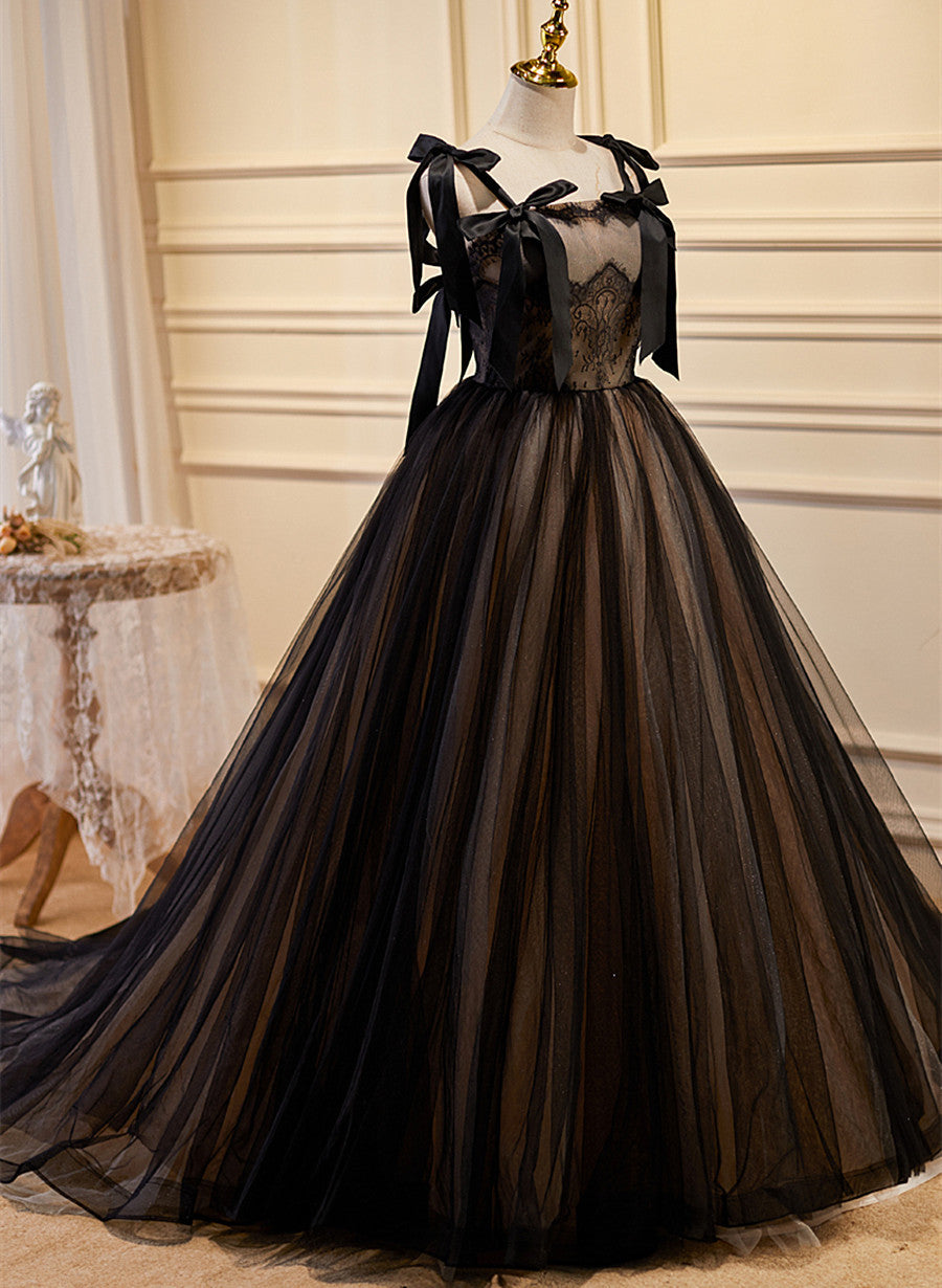 Party Dress 2030, Black Straps Tulle with Lace Long Formal Dress, Black A-line Prom Dress