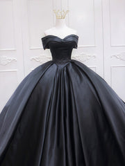 Homecoming Dress Idea, Black Sweetheart Neck Satin Long Prom Gown, Black Sweet 16 Dress