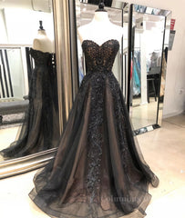 Evening Dresses Velvet, Black sweetheart neck tulle lace long prom dress, black evening dress