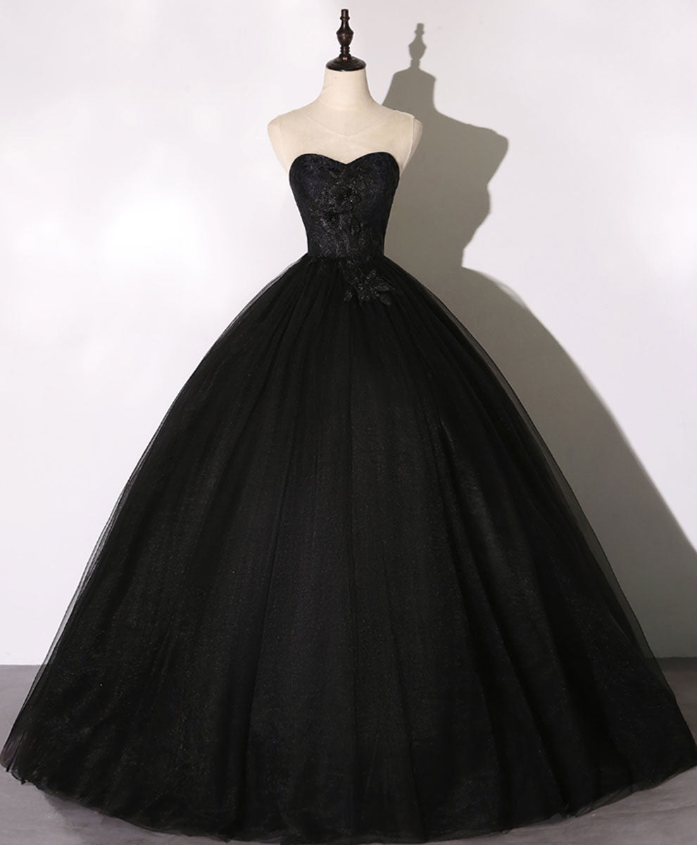 Evening Dress For Wedding, Black Sweetheart Neck Tulle Long Prom Dress Black Evening Dress