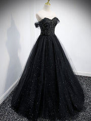 Formal Dress Floral, Black Sweetheart Off Shoulder Tulle Long Prom Dress, Black Evening Dress