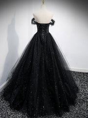 Formal Dresses Long Blue, Black Sweetheart Off Shoulder Tulle Long Prom Dress, Black Evening Dress