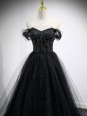 Formal Dress For Party Wear, Black Sweetheart Off Shoulder Tulle Long Prom Dress, Black Evening Dress