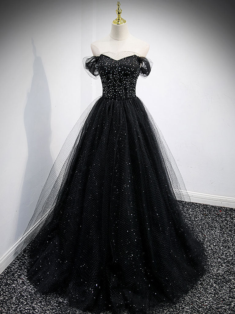 Formal Dress For Wedding Party, Black Sweetheart Off Shoulder Tulle Long Prom Dress, Black Evening Dress