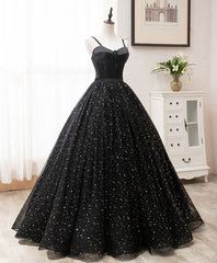 Evening Dresses Long Sleeve, Black Sweetheart Tulle Long Prom Dress, Black Formal Sweet 16 Dress