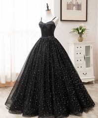 Evening Dress Long Sleeve, Black Sweetheart Tulle Long Prom Dress, Black Formal Sweet 16 Dress