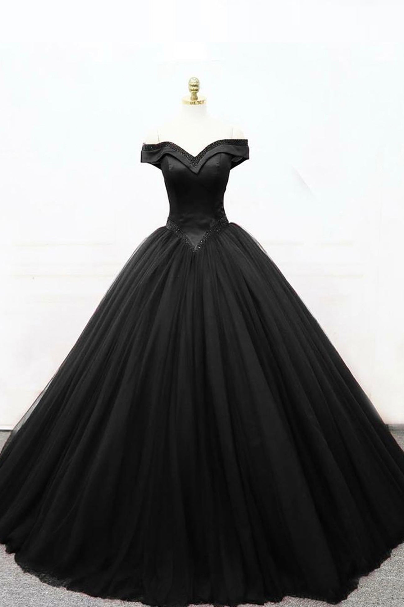Formal Dress, Black Tulle Beaded Long Ball Gown, A-Line Off the Shoulder Evening Formal Gown