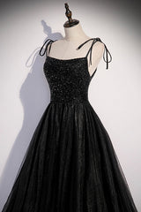 Prom Dress, Black Tulle Beaded Long Prom Dress, A-Line Spaghetti Straps Evening Dress