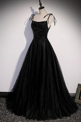 Prom Dresses, Black Tulle Beaded Long Prom Dress, A-Line Spaghetti Straps Evening Dress