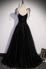 Wedding Dress, Black Tulle Beaded Long Prom Dress, A-Line Spaghetti Straps Evening Dress