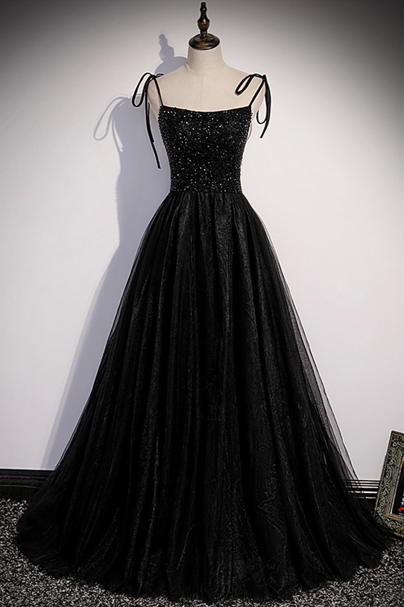 Prom Dress Modest, Black Tulle Beaded Long Prom Dress, A-Line Spaghetti Straps Evening Dress