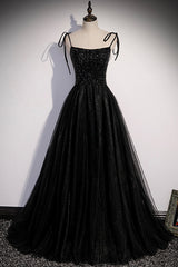 Prom Dress Modest, Black Tulle Beaded Long Prom Dress, A-Line Spaghetti Straps Evening Dress