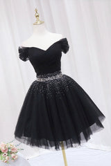 Flower Dress, Black Tulle Beaded Short Prom Dress, Off Shoulder Evening Party Dress