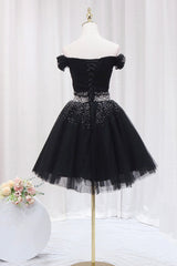 Nice Dress, Black Tulle Beaded Short Prom Dress, Off Shoulder Evening Party Dress