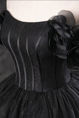 Prom Dresses Purple, Black Tulle Floor Length A-Line Prom Dress, Off the Shoulder Evening Party Dress