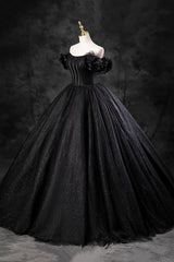 Prom Dressed Ball Gown, Black Tulle Floor Length A-Line Prom Dress, Off the Shoulder Evening Party Dress