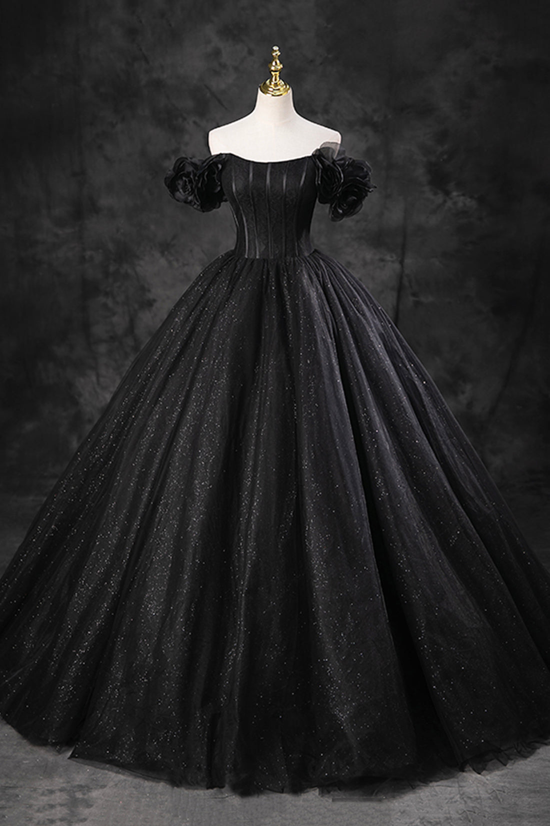 Prom Dress Places Near Me, Black Tulle Floor Length A-Line Prom Dress, Off the Shoulder Evening Party Dress