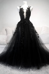 Maxi Dress, Black Tulle Lace Long A-Line Prom Dress, Black V-Neck Evening Dress