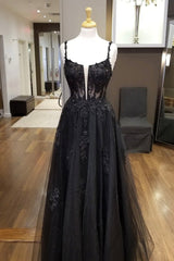 Homecomming Dresses Short, Black Tulle Lace Long Prom Dress, A-Line Spaghetti Straps Evening Dress