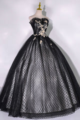 Prom Dresses With Sleeve, Black Tulle Lace Long Prom Dress, Black A-Line Strapless Evening Gown