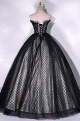 Prom Dress With Sleeves, Black Tulle Lace Long Prom Dress, Black A-Line Strapless Evening Gown