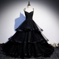 Bridesmaid Dress Designers, Black Tulle Layers Straps Beaded Long Evening Dress, Black Formal Dress Prom Dress