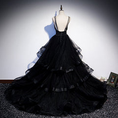 Bridesmaids Dress Designers, Black Tulle Layers Straps Beaded Long Evening Dress, Black Formal Dress Prom Dress