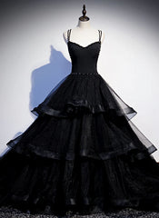 Bridesmaids Dress Cheap, Black Tulle Layers Straps Beaded Long Evening Dress, Black Formal Dress Prom Dress