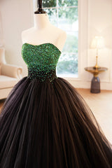 Unique Wedding Dress, Black Tulle Long Formal Dress with Green Beaded, Black Strapless Prom Dress