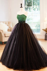 Elegant Prom Dress, Black Tulle Long Formal Dress with Green Beaded, Black Strapless Prom Dress