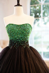 Prom Dress Long, Black Tulle Long Formal Dress with Green Beaded, Black Strapless Prom Dress