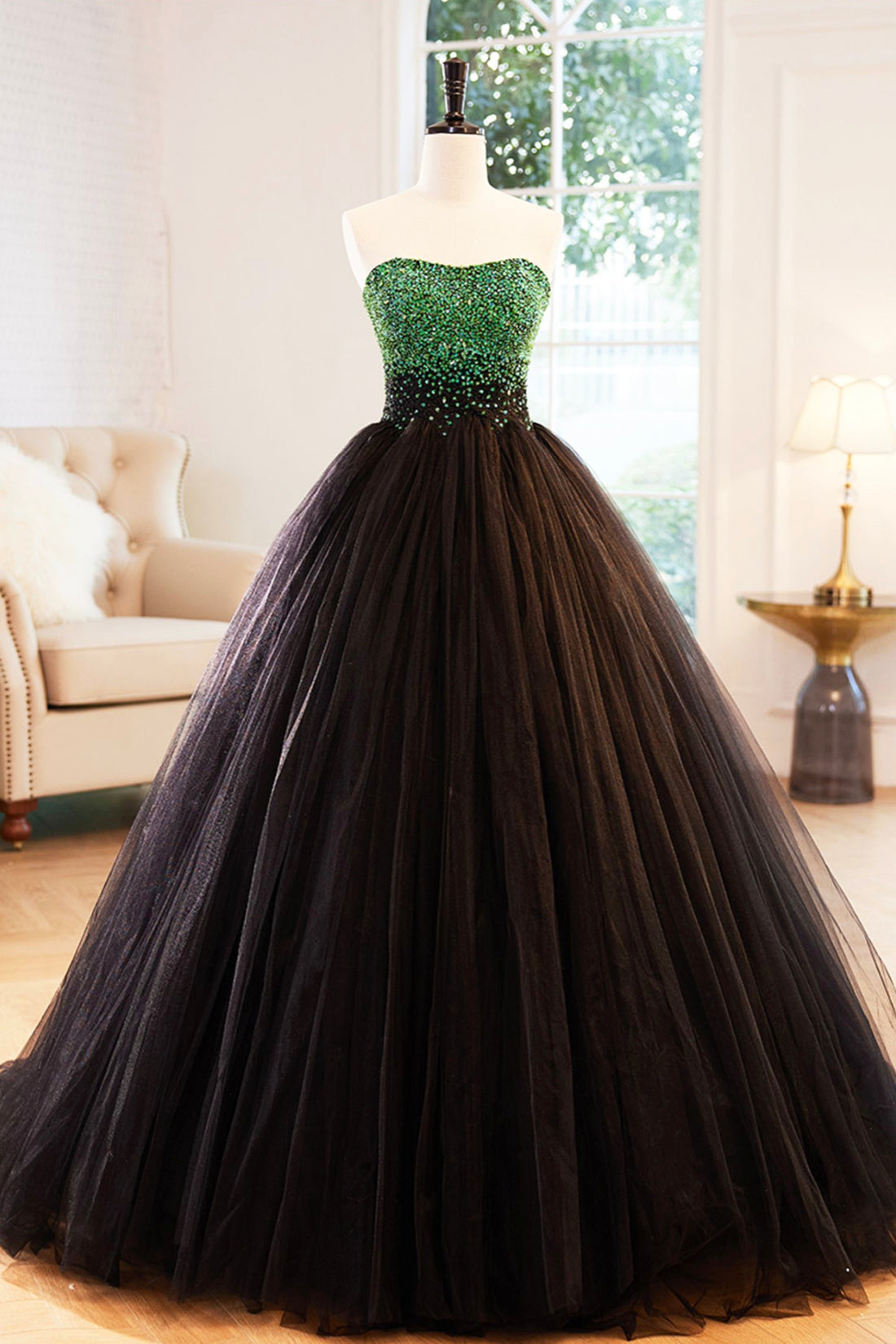 Midi Dress, Black Tulle Long Formal Dress with Green Beaded, Black Strapless Prom Dress