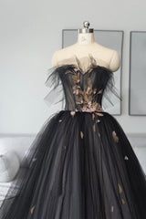 Homecoming Dresses Styles, Black Tulle Long Prom Dress, Black A-Line Strapless Evening Dress