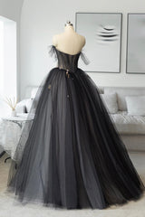 Homecoming Dress Styles, Black Tulle Long Prom Dress, Black A-Line Strapless Evening Dress