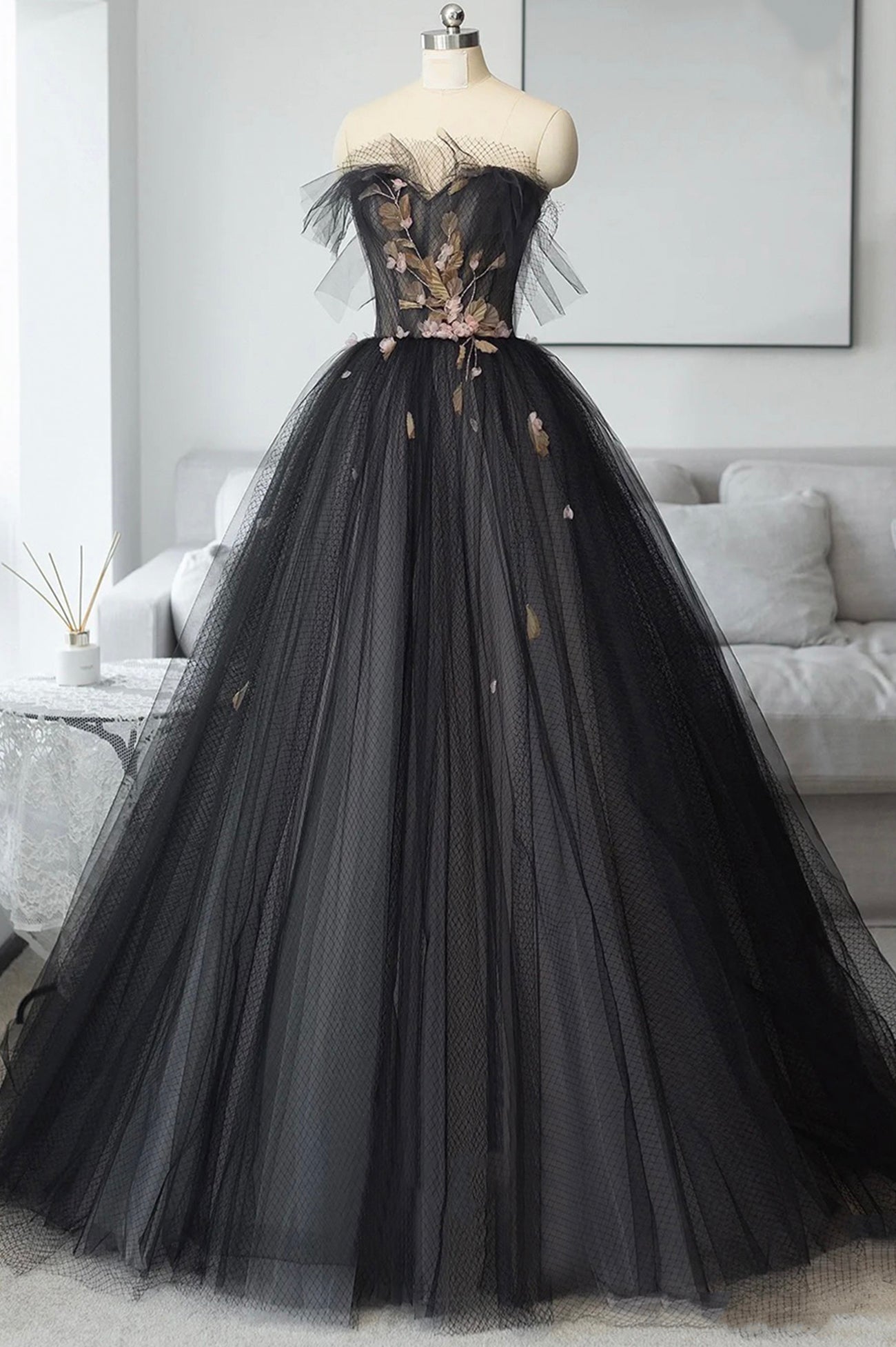 Homecoming Dresses Style, Black Tulle Long Prom Dress, Black A-Line Strapless Evening Dress