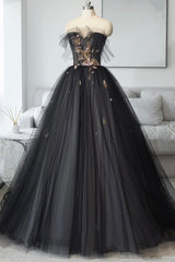 Homecoming Dresses Style, Black Tulle Long Prom Dress, Black A-Line Strapless Evening Dress