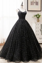 Prom Dresses Uk, Black Tulle Long Prom Dress, Black Spaghetti Straps Formal Evening Gown