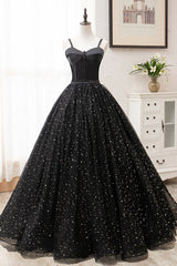 Prom Dresses Under 60, Black Tulle Long Prom Dress, Black Spaghetti Straps Formal Evening Gown