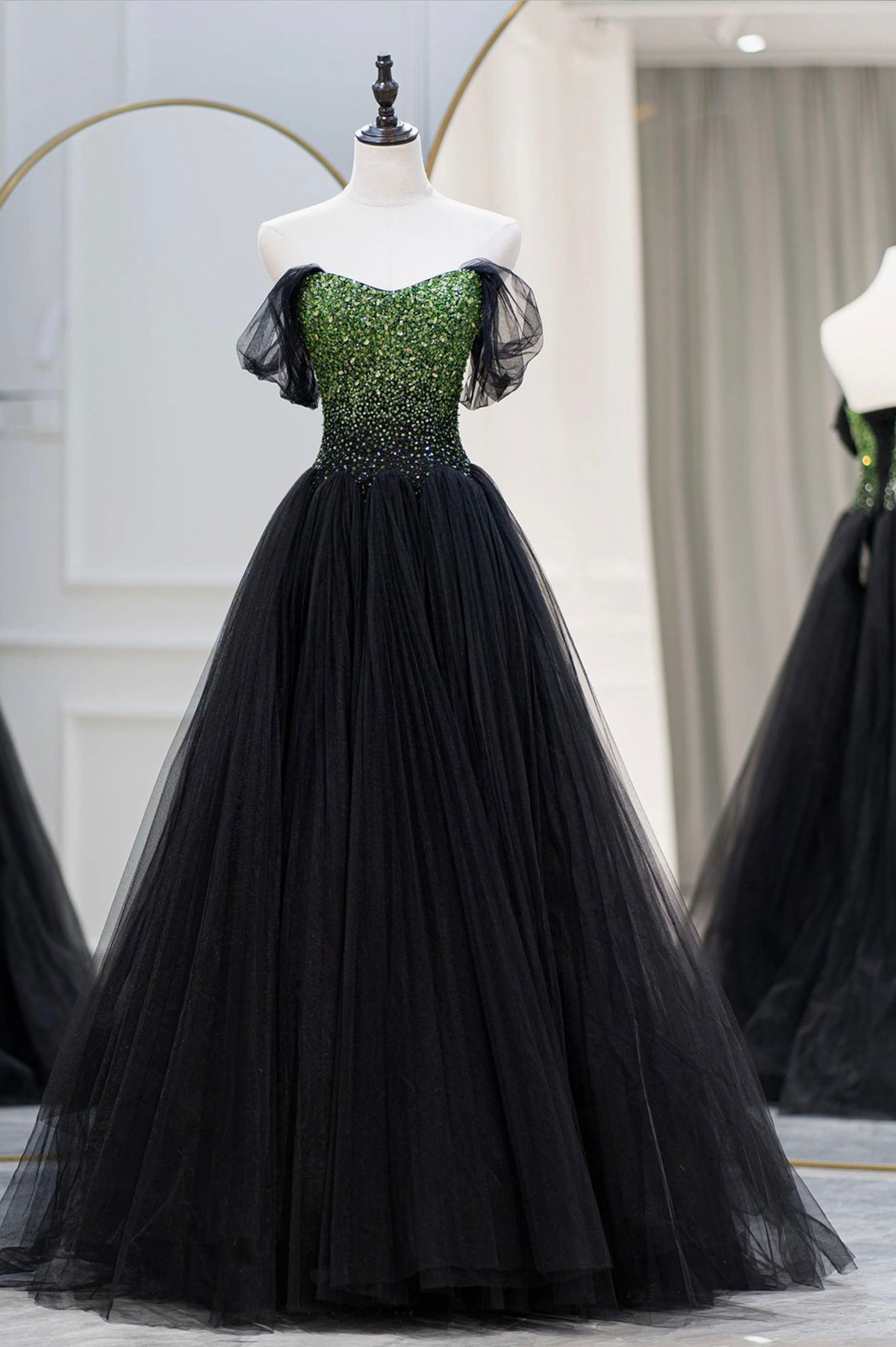 Chiffon Dress, Black Tulle Long Prom Dress with Beaded, Off the Shoulder Formal Evening Dress