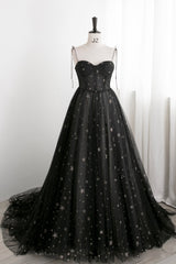 Homecomming Dresses With Sleeves, Black Tulle Long Prom Dress with Stars, Cute Spaghetti Straps Graduation Dress