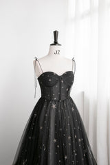 Homecoming Dress Floral, Black Tulle Long Prom Dress with Stars, Cute Spaghetti Straps Graduation Dress