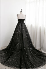 Homecomming Dresses Floral, Black Tulle Long Prom Dress with Stars, Cute Spaghetti Straps Graduation Dress