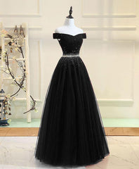 Homecoming Dresses Tight Short, Black Tulle Off Shoulder Beaded Party Dress , Black New Dress for Party