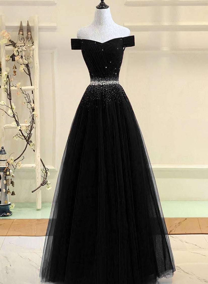 Homecomming Dresses Green, Black Tulle Off Shoulder Beaded Party Dress , Black New Dress for Party