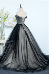 Homecoming Dresses, Black Tulle Off Shoulder Floor Length Gown, Black Evening Dresses