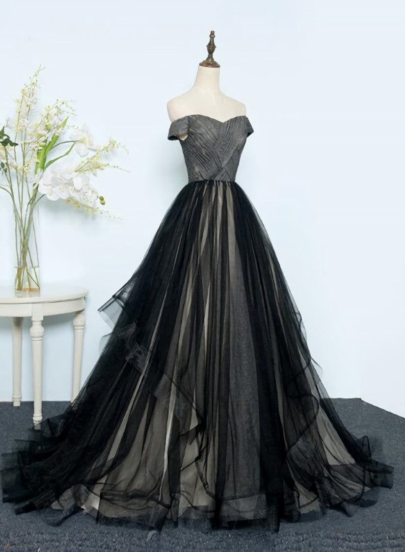 Homecoming Dresses Sage Green, Black Tulle Off Shoulder Floor Length Gown, Black Evening Dresses